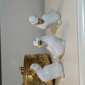 Vintage Trio of White Ceramic Ducks with Gold Features